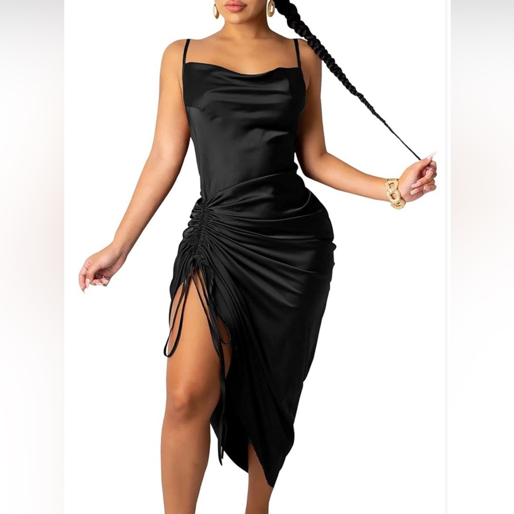 Spaghetti strap backless drawstring ruched split hem cocktail evening dress